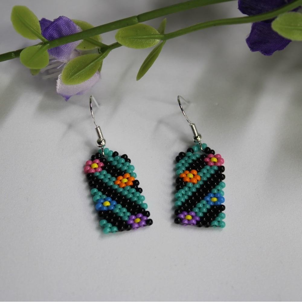 Seed Bead Earrings Turquoise Black Flowers 1.5” Beaded‎ Earrings Handmade
